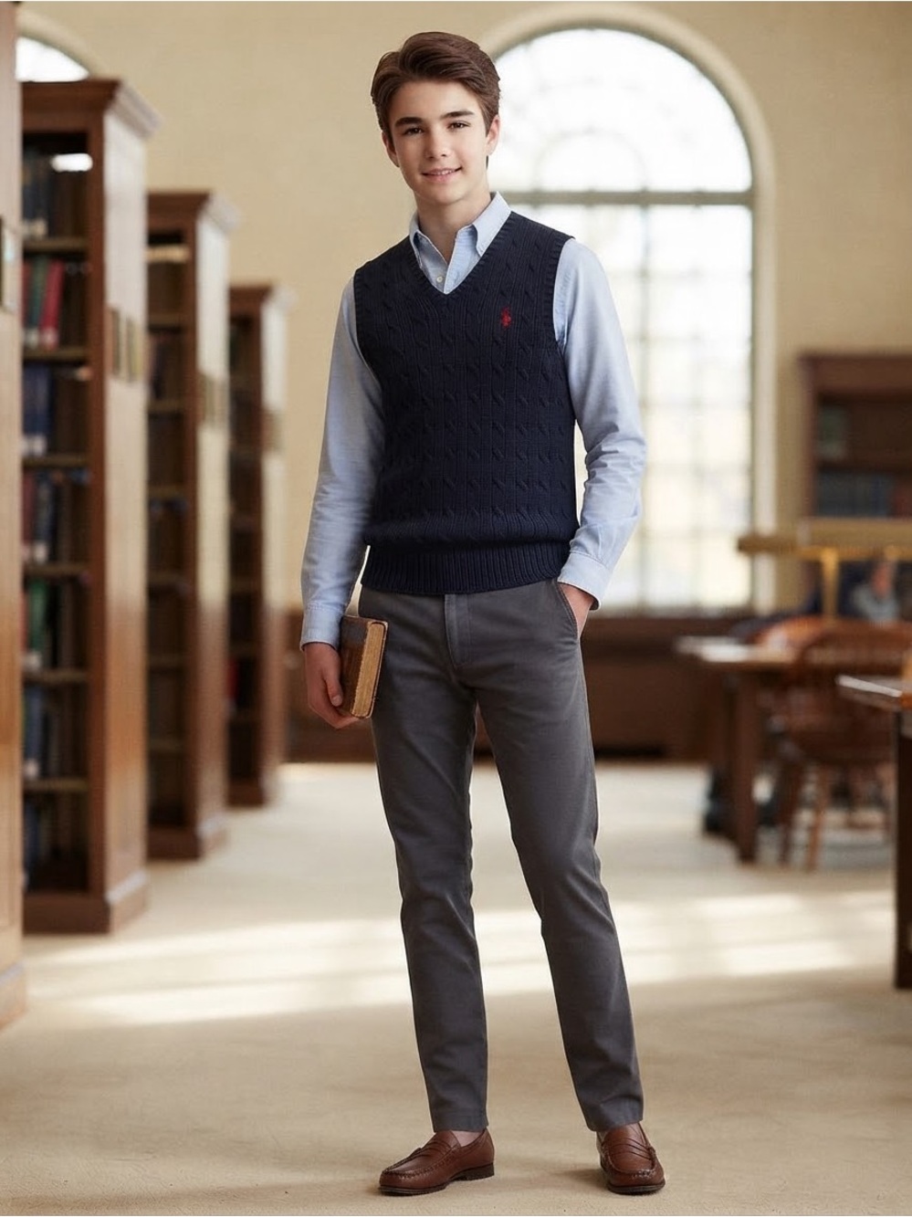 Ralph Lauren Navy Cable-Knit V-Neck Sweater Vest with Red Pony